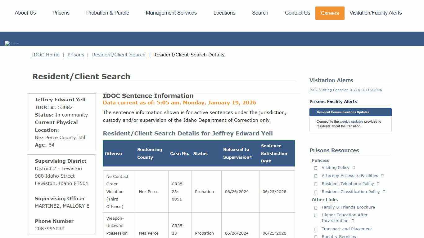 Resident/Client Search Details | Idaho Department of Correction