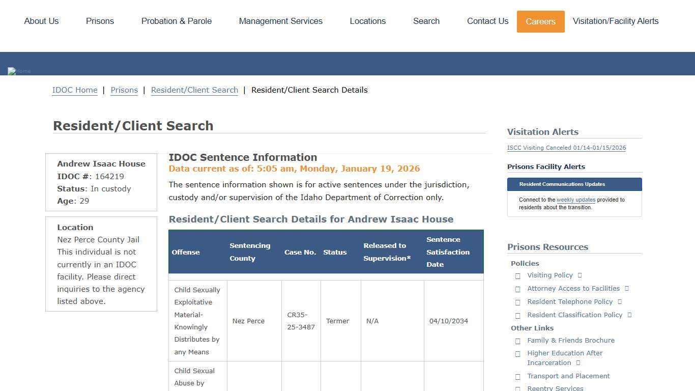 Resident/Client Search Details | Idaho Department of Correction