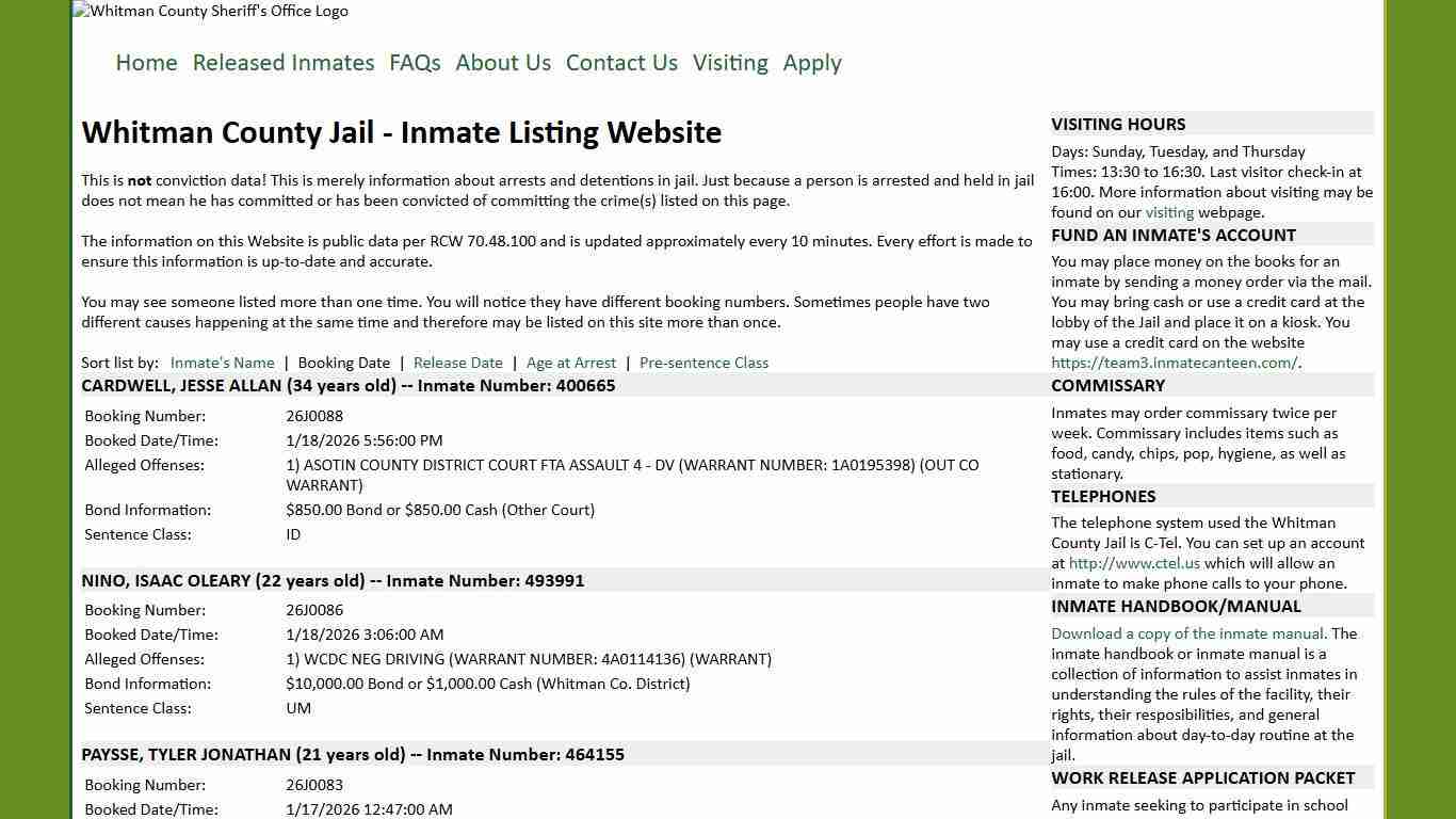 Whitman County Jail - Inmate Listing Website
